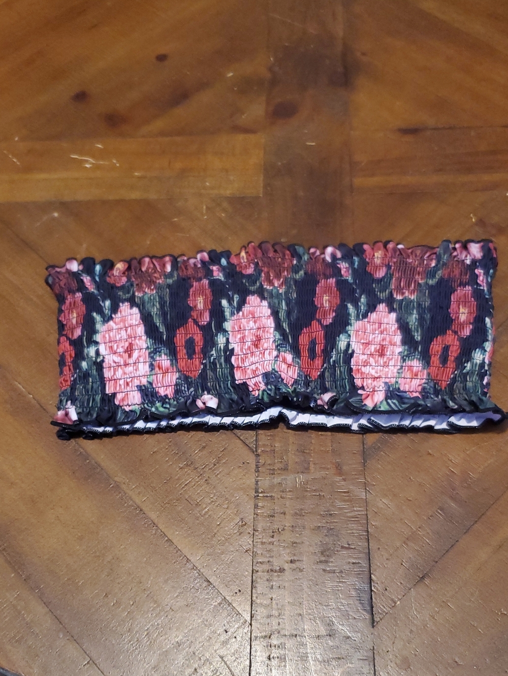 Zaful Black Floral Smocked Crop Top with Pink Accents